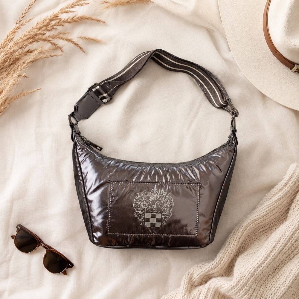 Vince Camuto Gypsy Bag Women Small Pewter Metallic Nylon Crossbody Sporty Chic